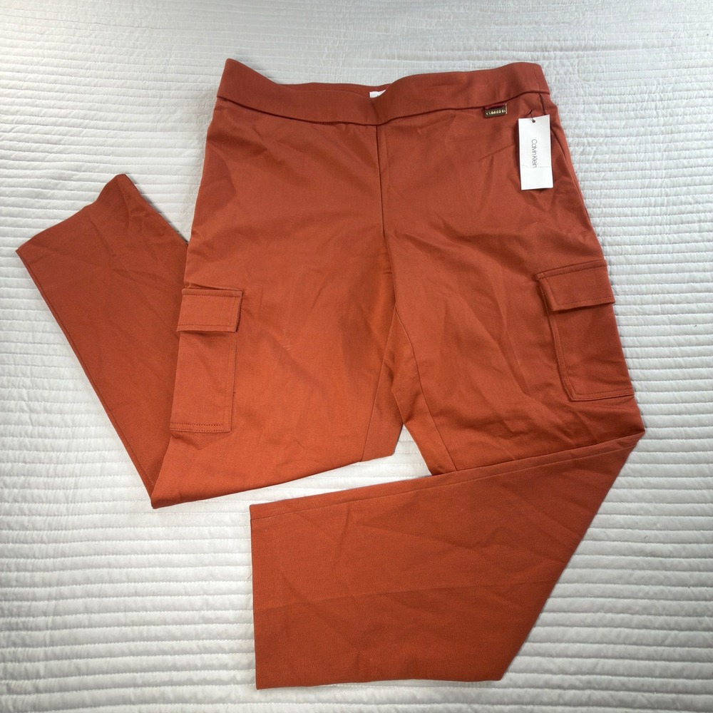 Calvin Klein Cargo Pants Women L Rust Orange NWT Pull On Straight Leg Utility